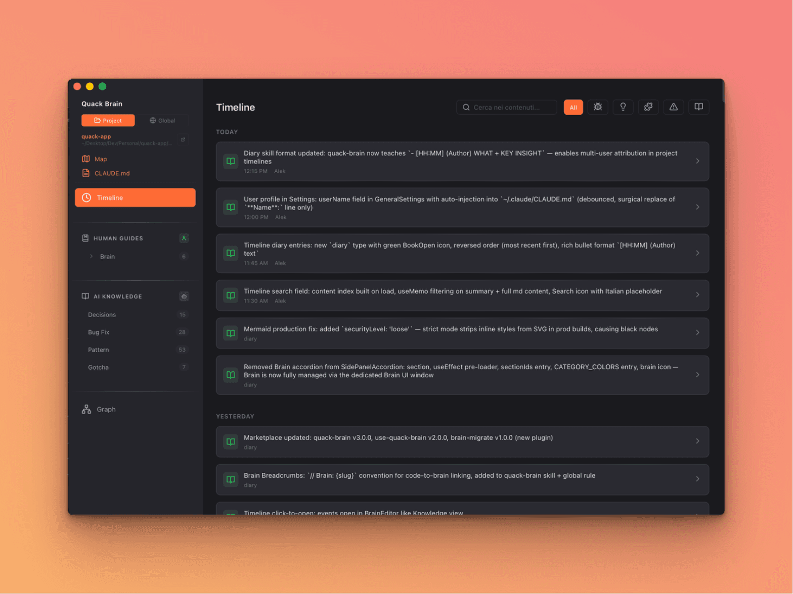 Timeline view — search field, type filters, diary entries with timestamps and author attribution
