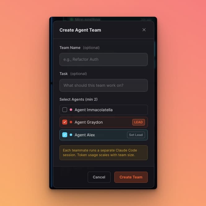 Quack Agent Teams dialog showing team creation with multiple AI agents collaborating