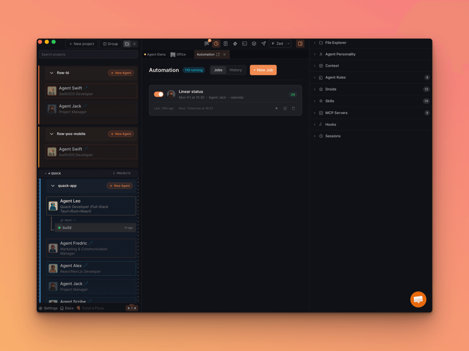 Quack job automations showing scheduled recurring tasks with cron configuration