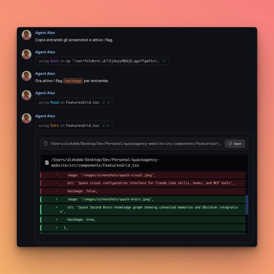 Quack clear formatting showing syntax-highlighted code diffs and structured agent responses