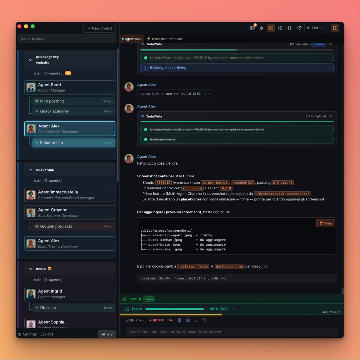 Quack multi-agent chat interface showing multiple Claude Code AI agents with task management